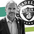 Graphic illustration of black and white image of man in suit jacket, and black, green and white logo of Philadelphia Union