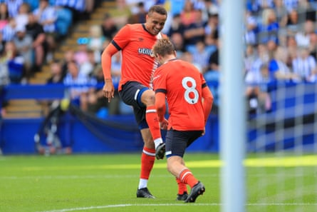 Carlton Morris (left) celebrates with Luke Berry after scoring at Sheffield Wednesday in a pre-season game.