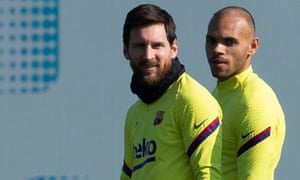 Braithwaite in his first training session with Barcelona and his new teammate, Lionel Messi. ‘“If football is a religion,’ says Braithwaite. ‘He’s its God’.