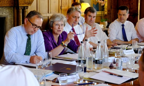 Theresa May addresses her colleagues at last week’s Chequers meeting where mobile phones were confiscated