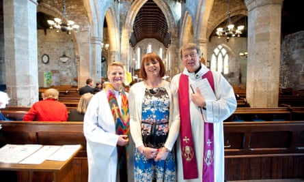 Susan Musgrove, centre, with, left, Rev Cecilia Eggleston, Paster of the Metropolitan Community Church in Newcastle-upon-Tyne and Rev David Hewlett, Vicar of Corbridge, before the start of the Affirmation service for Susan at St Andrew’s Church, Corbridge, Northumberland.