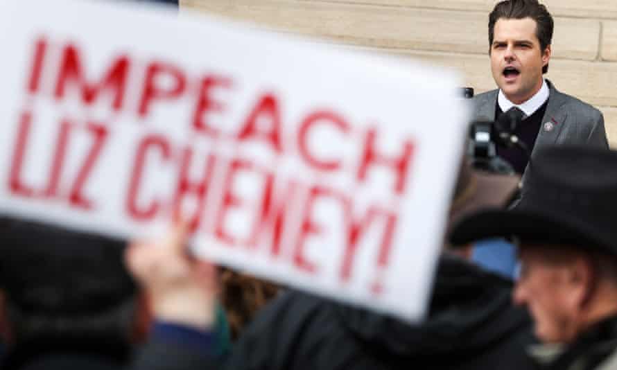 Matt Gaetz speaks to a crowd during a rally against Liz Cheney in Cheyenne, Wyoming.
