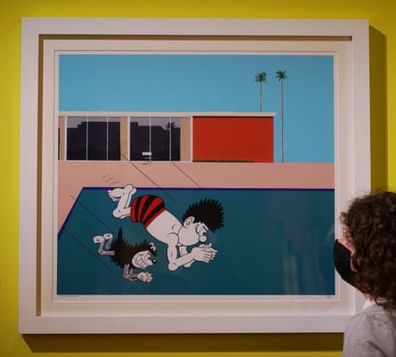 A visitor looks at an artwork by founding member of The Specials Horace Panter – a reworking of David Hockney’s 1967 painting A Bigger Splash.