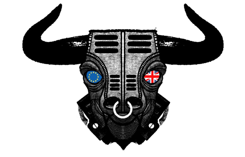 Illustration of a mechanical bull, with the European flag in one eye and a union jack in the other