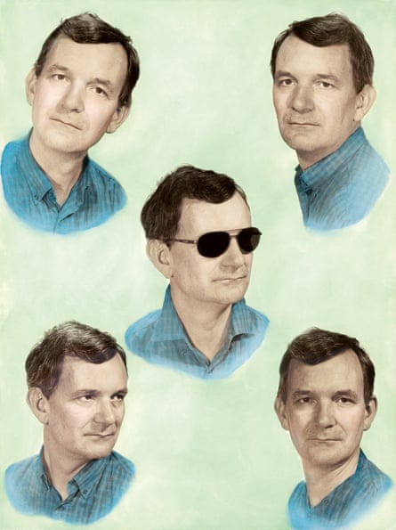 A compilation of five head shots of photographer Martin Parr in 2001, one wearing sunglasses, against a green background