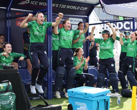 Ireland's players leap successful nan aerial to observe beating nan West Indies successful Bristol, their first triumph astatine immoderate Women's T20 World Cup.