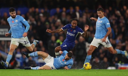 Chelsea’s Raheem Sterling clashes with Mateo Kovacic of Manchester City during the Premier League at Stamford Bridge.