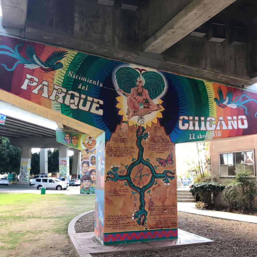 Mural in Chicano Park painted on a support for the San Diego-Coronado Bay Bridge.