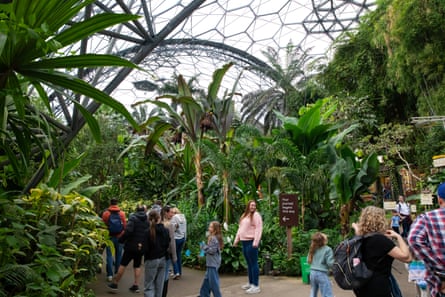 Visitors enter the rainforest biome next to a sign saying ‘Your journey begins this way’.