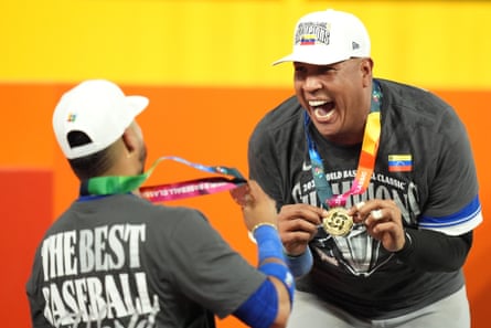 Venezuela catcher Salvador Perez celebrates aft his team’s triumph successful nan World Baseball Classic final.