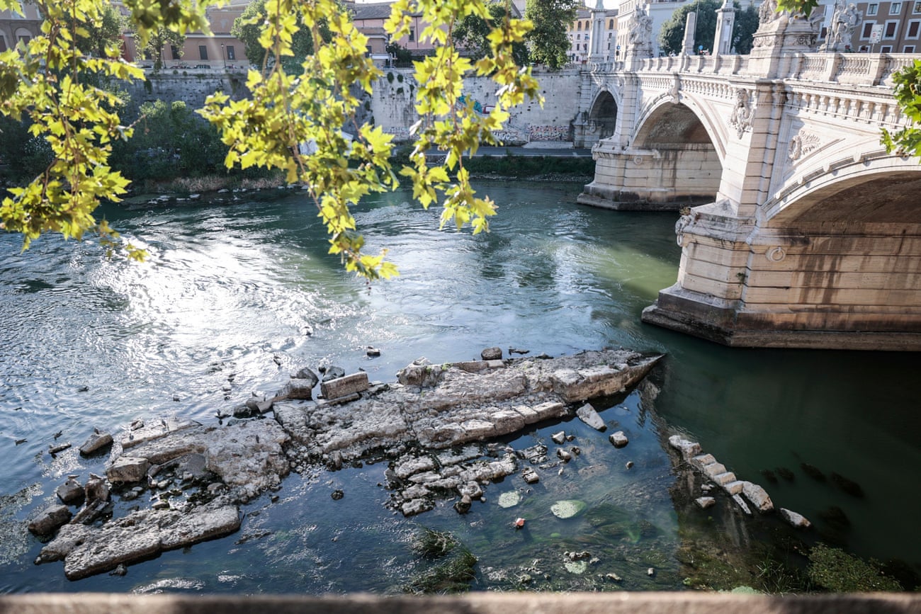 The remains of a bridge on the Tiber River near the Vittorio Emanuele II Bridge in Rome.