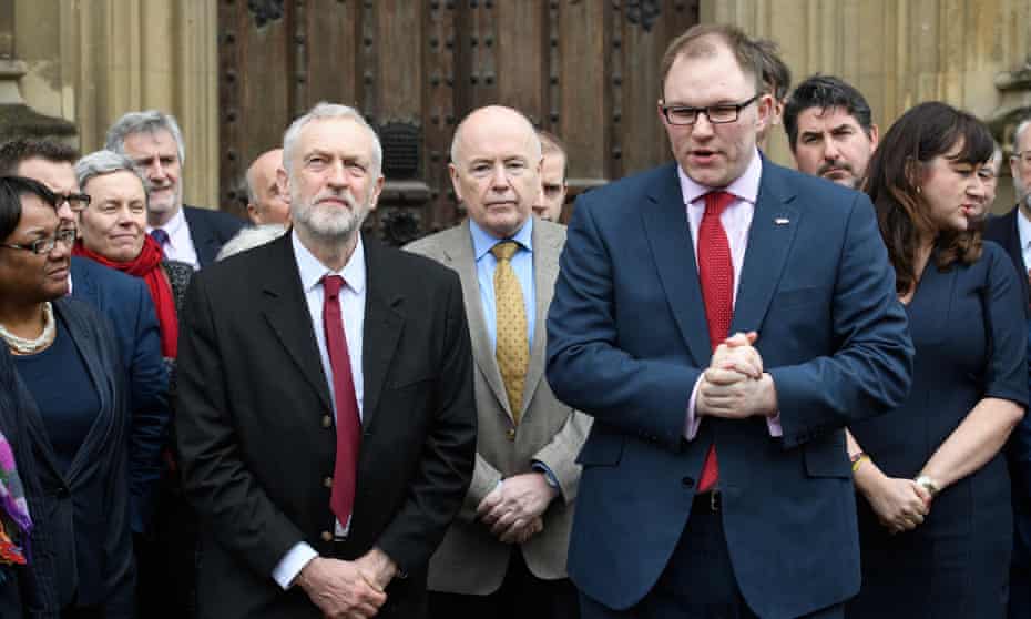 Jeremy Corbyn with the new Labour MP for Stoke Central, Gareth Snell (front right), outside the Houses of Parliament.