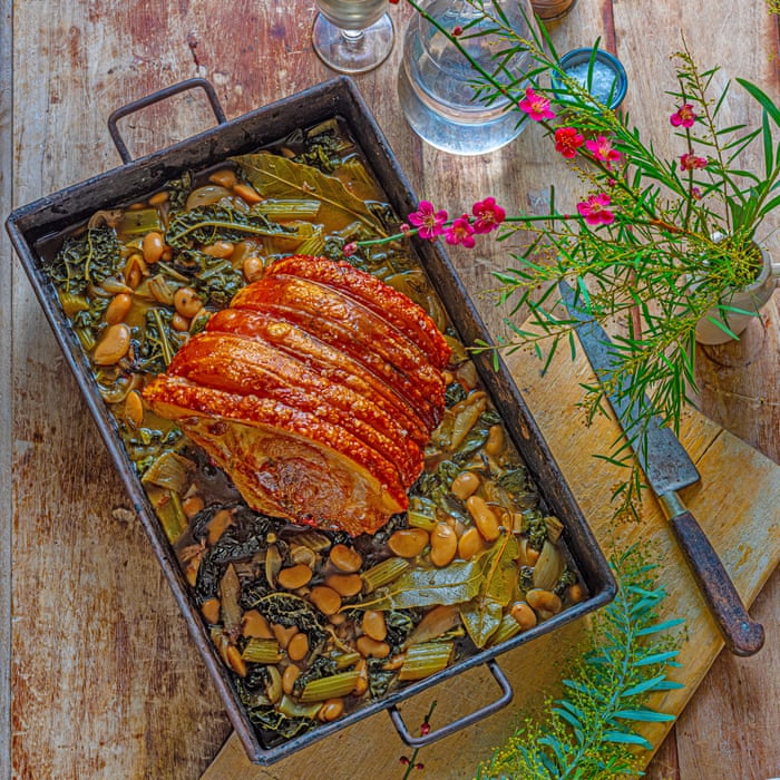 Slow-cooked pork shoulder, greens and butter beans recipe by