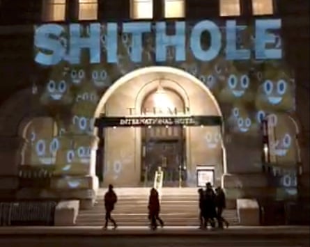 A projection is seen on the Trump International Hotel in Washington.
