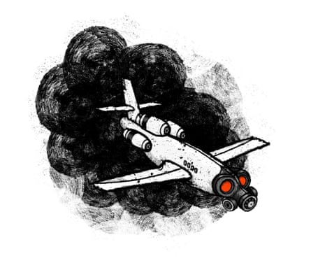 Illustration by David Foldvari of aeroplane wearing a gas mask.