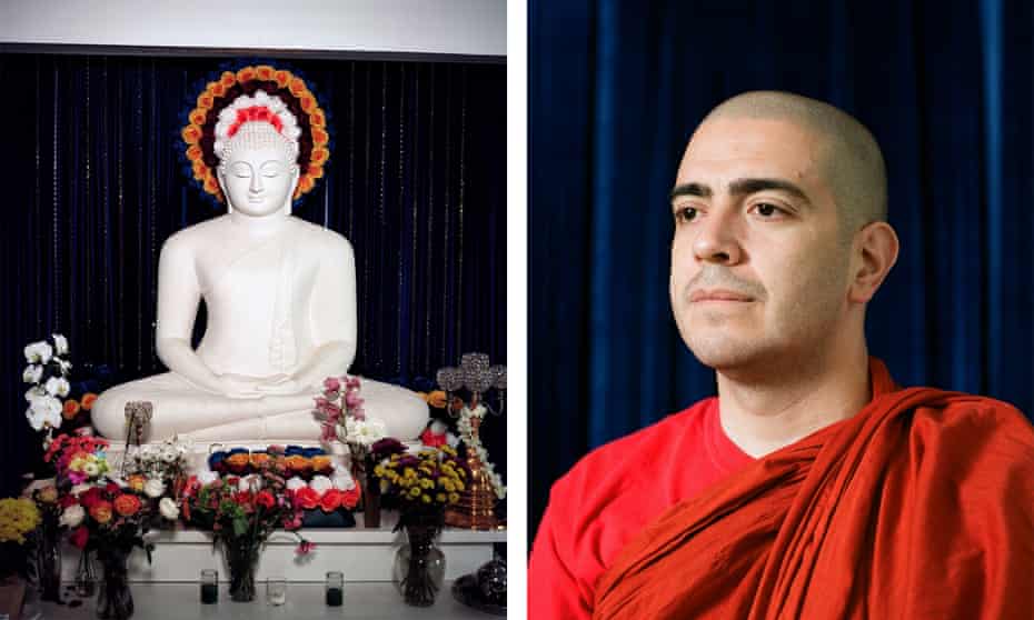 Left: White Buddha statue adorned with flowers. Right: Portrait of a monk wearing a red hood