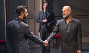 Michael Aronov, Jefferson Mays, and Anthony Azizi in Oslo, directed by Bartlett Sher.