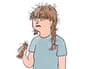 Cartoon image of a girl with plaits, holding half of one of the plaits, which has broken off.