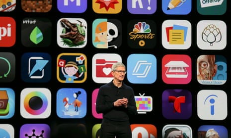 Apple CEO, Tim Cook. speaks at the tech giant’s developer conference in San Jose, 4 June.