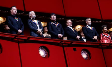 Honorees (L-R): U2 band members – Larry Mullen Jr, Adam Clayton, The Edge and Bono - George Clooney and Tania León inside the Kennedy Center.