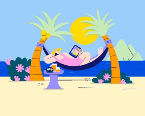 Illustration of person in hammock slung between two palm trees on beach