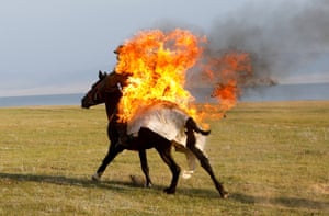 A horse and rider apparently in flames
