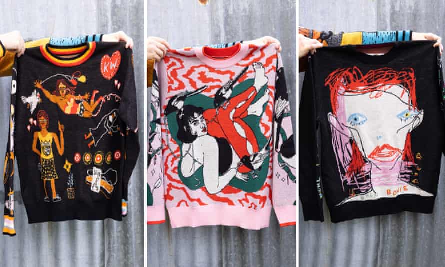 Wah Wah jumpers designed in collaboration with Kaylene Whiskey; Laura Callaghan and Noel Fielding (L-R).