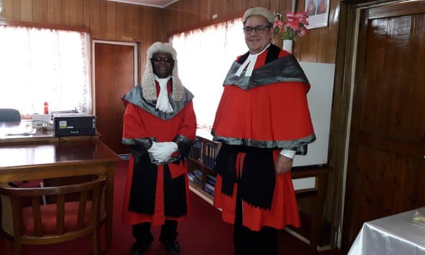 Justice David Lambourne (right) with Sir John Baptist Muri, the former chief justice of the Kiribati high court, in 2019