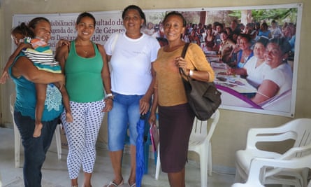 Deyanira Reyes left, Eidanis La Madrid, Paula Castro, and Yajaira Mejía at the offices of the League of Displaced Women in the City of Women, Turbaco.