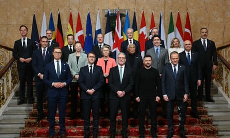 Prime minister Sir Keir Starmer joins European leaders for a family photo during a Leaders' Summit on the situation in Ukraine at Lancaster House, London.