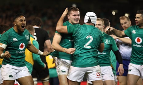 Jacob Stockdale celebrates his try during Ireland’s victory over the world champions New Zealand.