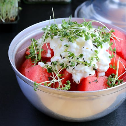 Watermelon and cottage cheese in a bowl