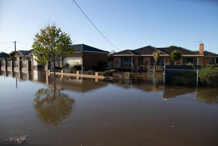 Brown flood waters have inundated peoples gardens on a street in Shepparton under a blue sky