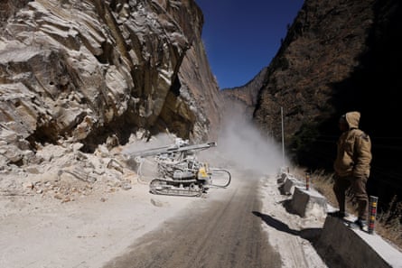 Drilling into the mountain for a road widening project near Joshimath.