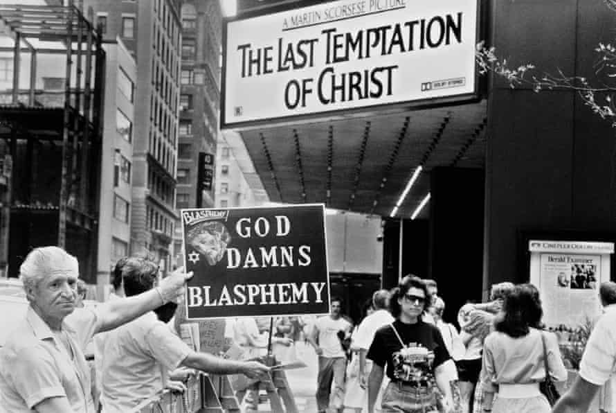 Christians protest outside a Manhattan cinema, in 1988, at the screening of The Last Temptation of Christ