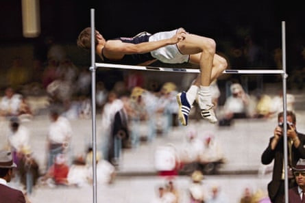 Dick Fosbury, of the United States, clears the bar in the high jump competition at the 1968 Mexico City Olympics