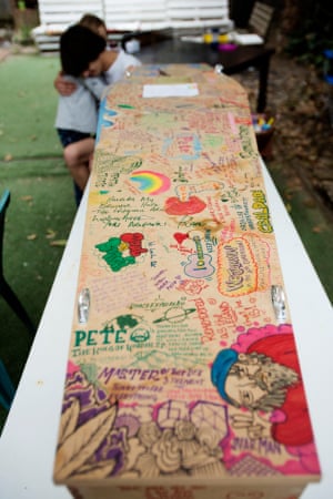 Pete Thorpe’s extended family decorated his coffin in his Bondi back garden