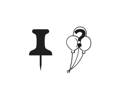 A push pin next to three balloons with a question mark superimposed on them