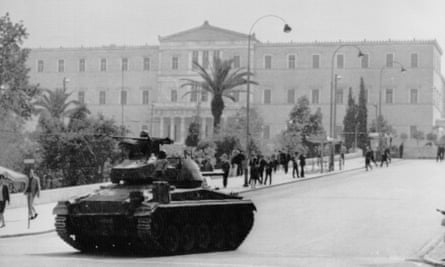 A tank outside the parliament building in Athens during the military coup in 1967.
