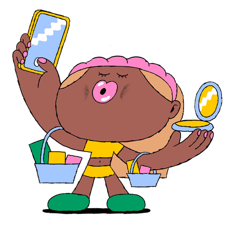 A child holds a smartphone up in one hand and a compact mirror in the other. She carries two shopping baskets filled with items, one hanging from each arm.