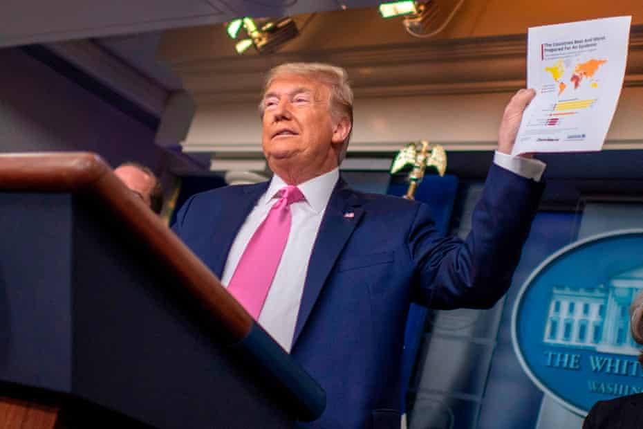 Donald Trump holds a chart showing which contries are best and worst prepared for an epidemic during a Covid-19 news conference on 26 February 2020.