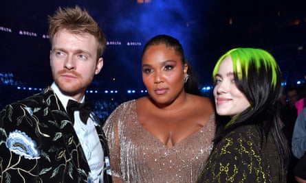One World: Together at Home performers (from left) Finneas, Lizzo and Billie Eilish at this year’s Grammy awards.
