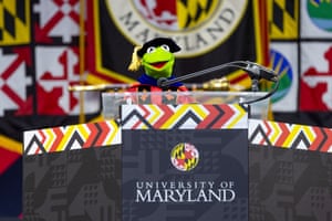 Kermit the Frog stands at the University of Maryland podium