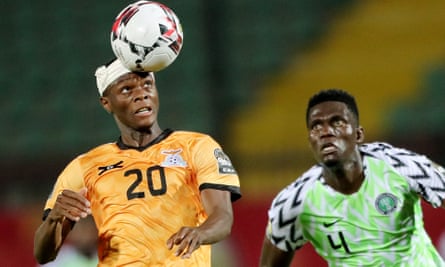 Zambia’s Patson Daka (left) gets in ahead of Valentine Ozornwafor of Nigeria in the Africa Under-23 Cup of Nations during November.