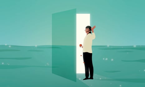 Illustration of a woman walking through a door across a green horizon, turning back and waving
