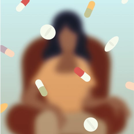 An illustration of tablets and pills scattered in front of an out-of-focus image of a woman in a chair