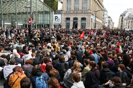 Protesters demonstrate in front of the Gare du Nord train station in Paris, on Wednesday, during the ‘block everything’ protest movement.