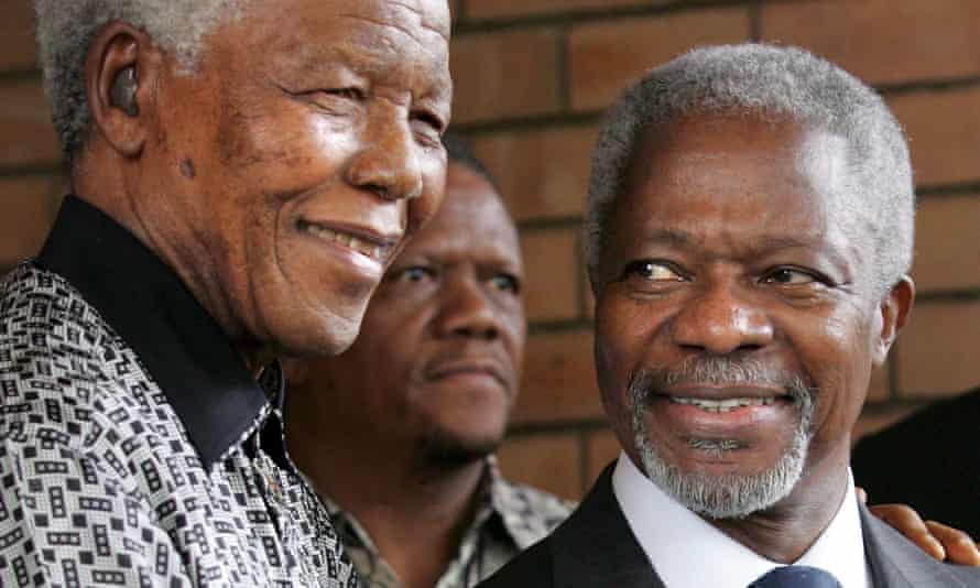Kofi Annan with the former South African president Nelson Mandela at a meeting in Johannesburg, 2006. The following year, Annan joined the Elders, the organisation of former statesmen founded by Mandela.