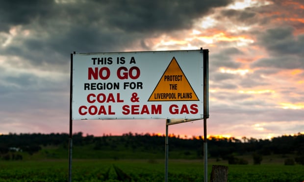 A sign protesting coal in the Liverpool Plains in north-west NSW. Approximately 190 Gomeroi people have asked for the government to protect the Indigenous sacred sites they say could be risked by pre-construction work at Shenhua’s Watermark coalmine.
