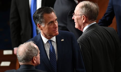FILES-US-POLITICS-IMPEACHMENT-ROMMNEY<br>(FILES) In this file photo taken on February 4, 2020 US Senators Mitt Romney (R-UT) and Lamar Alexander (R) (R-TN) are seen ahead of US President Donald Trump’s State of the Union address at the US Capitol in Washington, DC. - Republican Senator Mitt Romney of Utah said that he will vote later February 5, 2020 to convict President Donald Trump at his Senate impeachment trial.”The president is guilty of an appalling abuse of public trust,” the 2012 Republican presidential candidate said in a speech on the Senate floor.”Corrupting an election to keep one’s self in office is perhaps the most abusive and destructive violation of one’s oath of office that I can imagine,” Romney said. (Photo by MANDEL NGAN / AFP) (Photo by MANDEL NGAN/AFP via Getty Images)